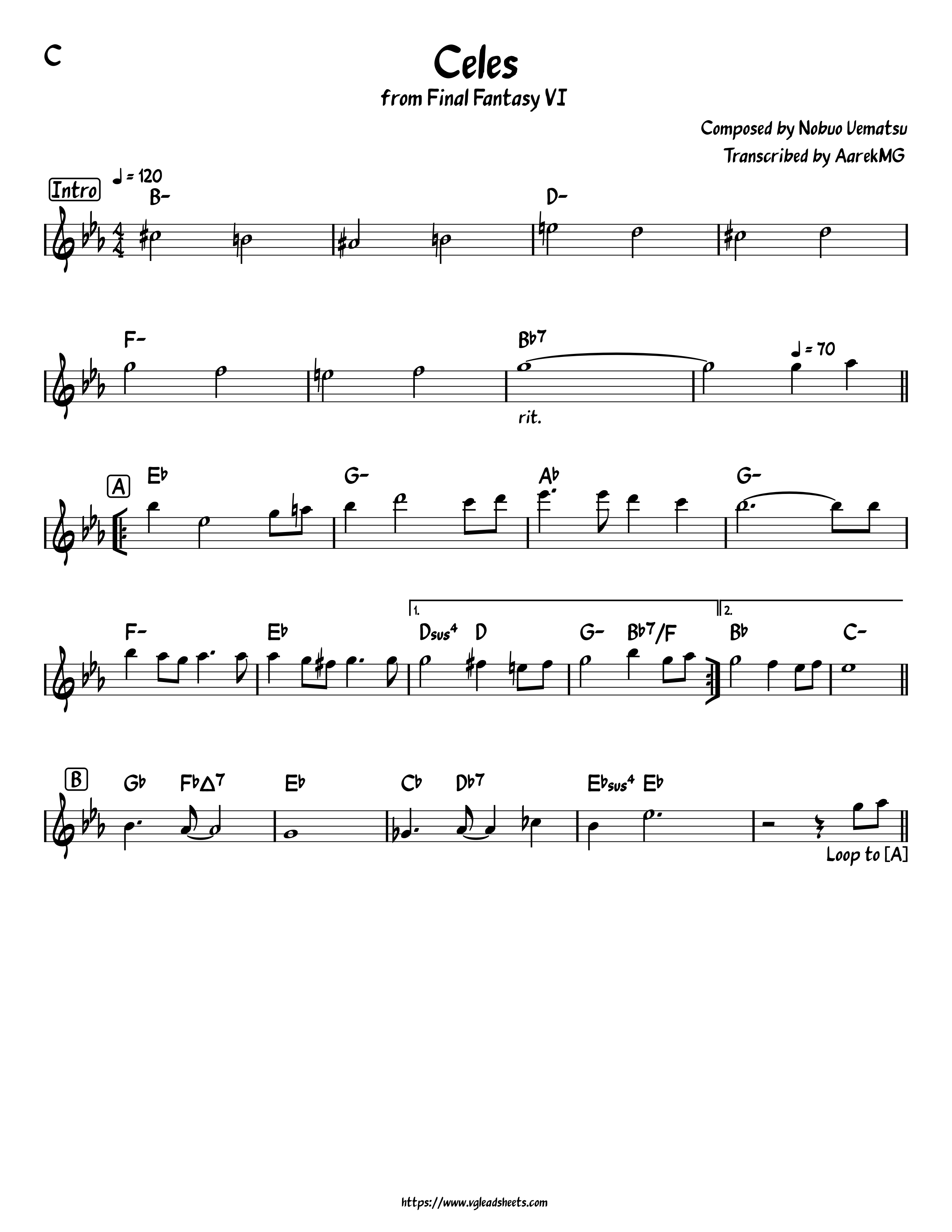 Final Fantasy Vi Celes Vgleadsheets Com Lead Sheets For Video Game Music