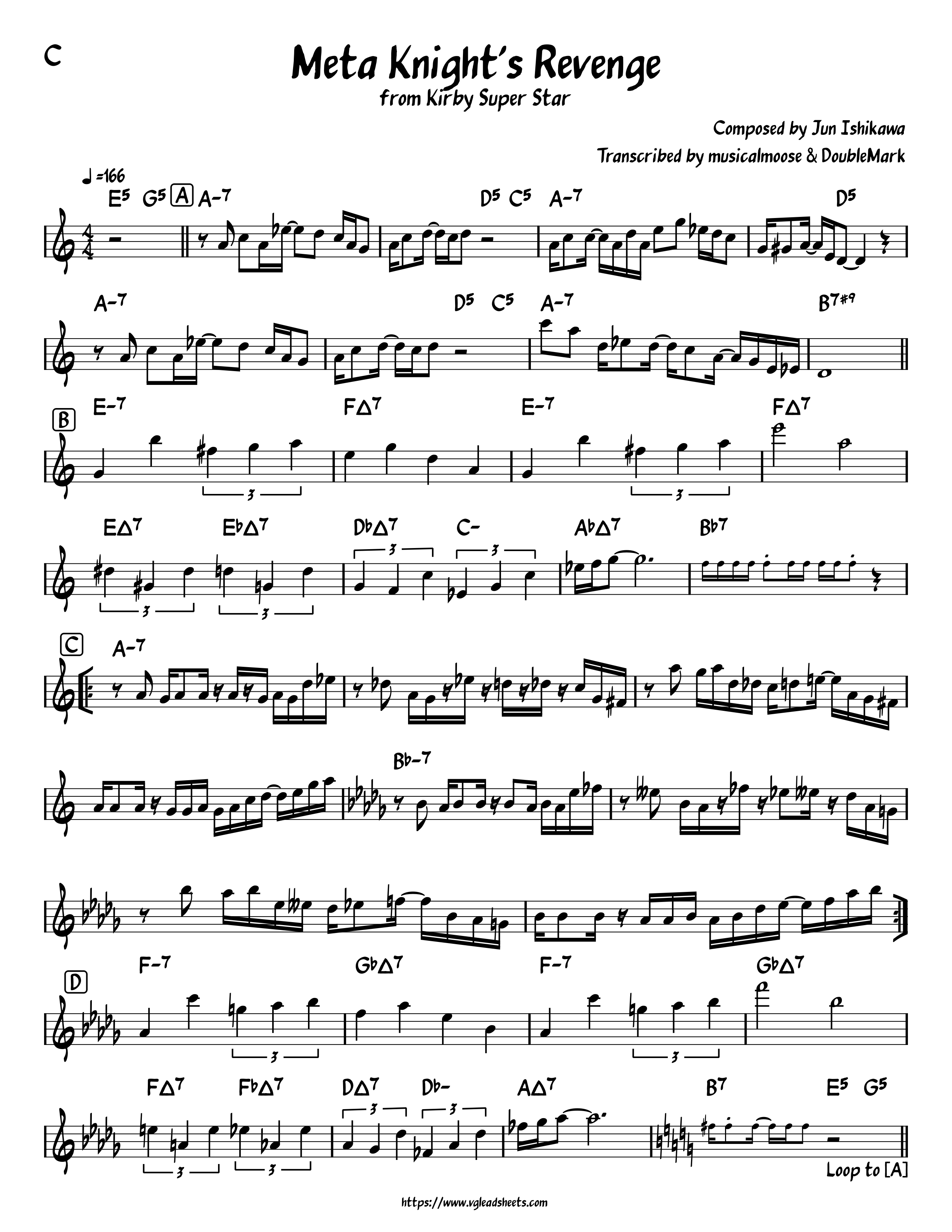 Kirby Super Star - Meta Knight's Revenge  - Lead Sheets  for Video Game Music