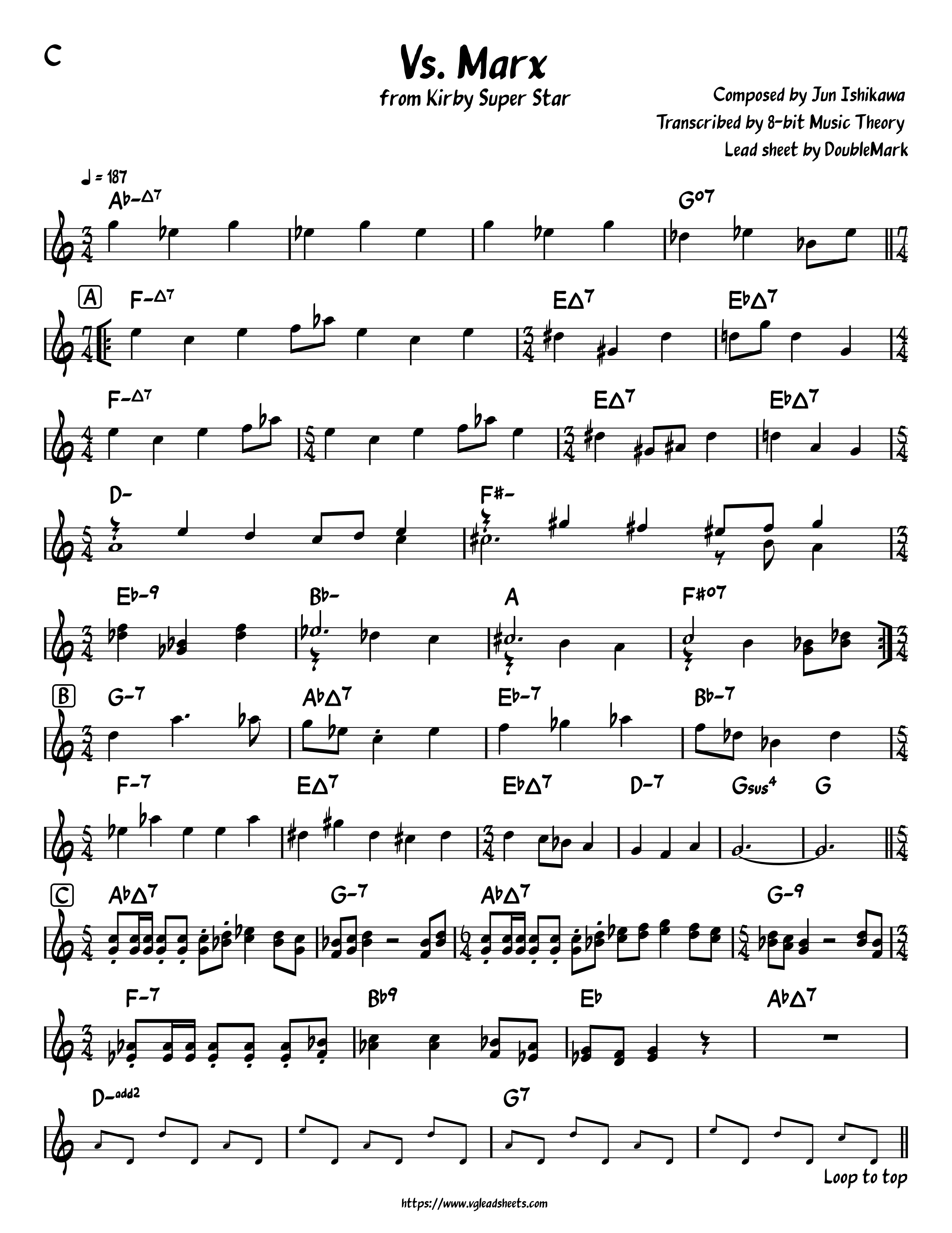 Kirby Super Star - Vs. Marx  - Lead Sheets for Video Game  Music