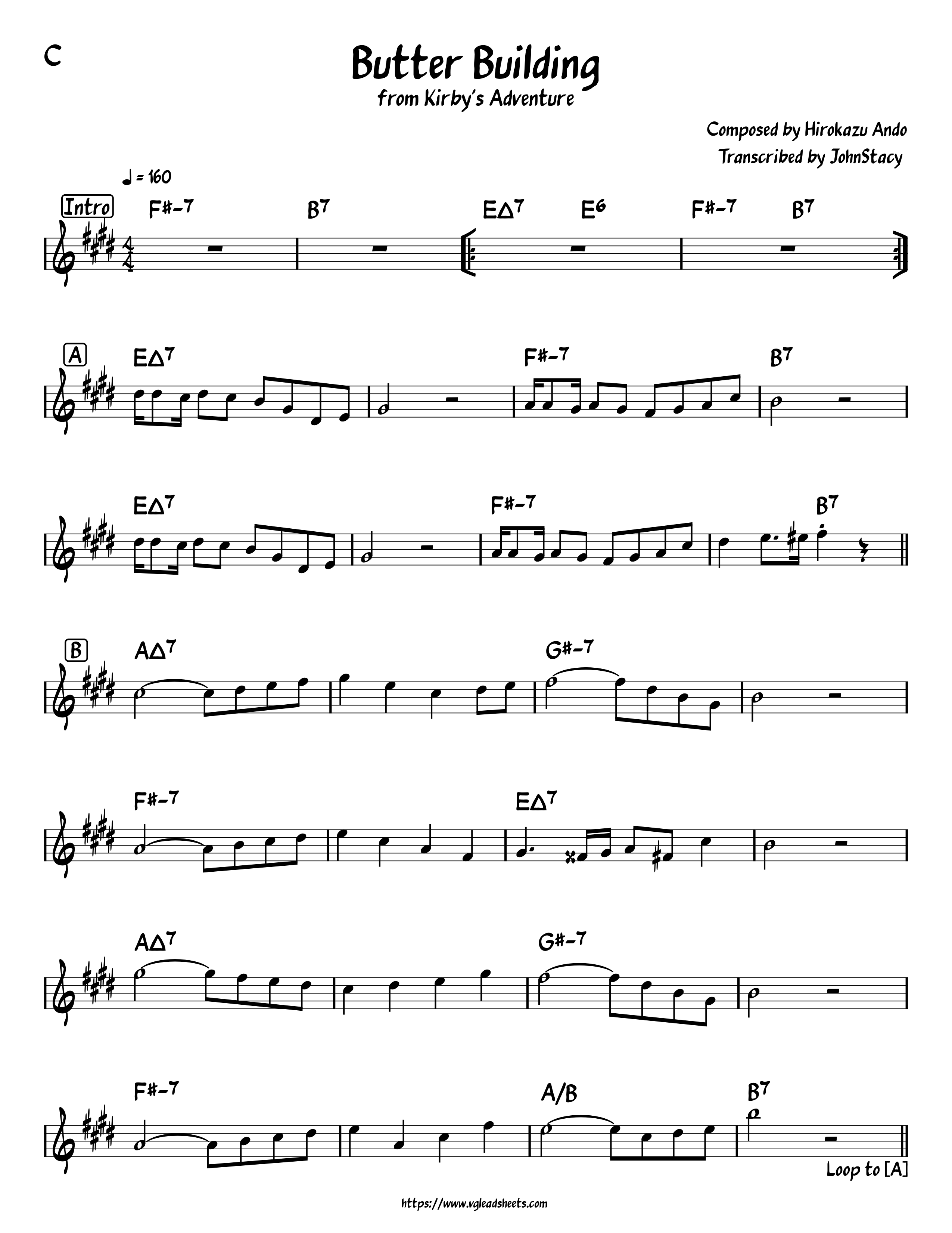 Kirby's Adventure - Butter Building  - Lead Sheets for  Video Game Music