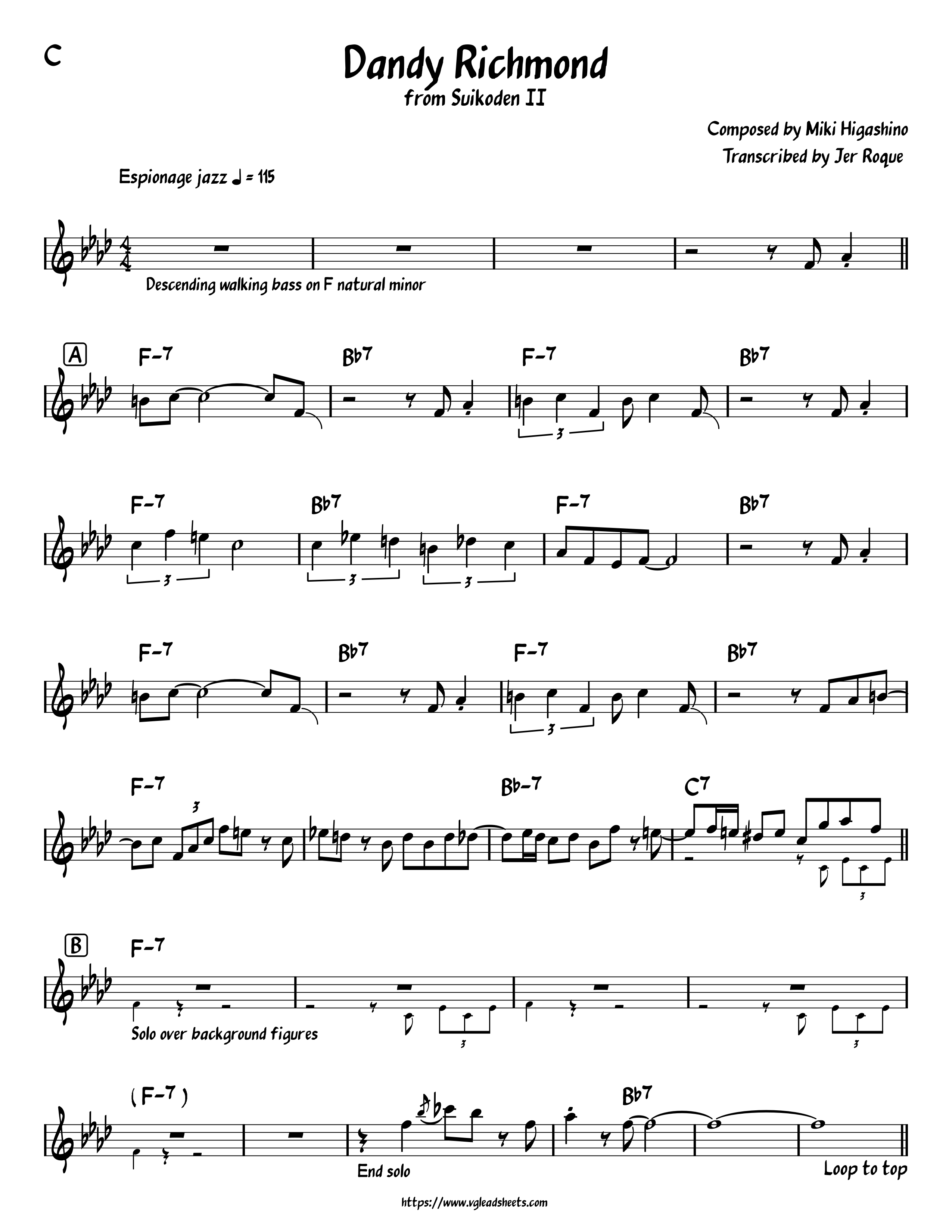 Suikoden II - Dandy Richmond | VGLeadSheets.com - Lead Sheets by Gamers ...